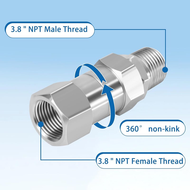Axfvd 3/8" NPT Male Thread to 3/8" NPT Female Thread Swivel Fitting for Pressure Washer Gun and Hose, 5000 PSI, Stainless Steel - Image 3